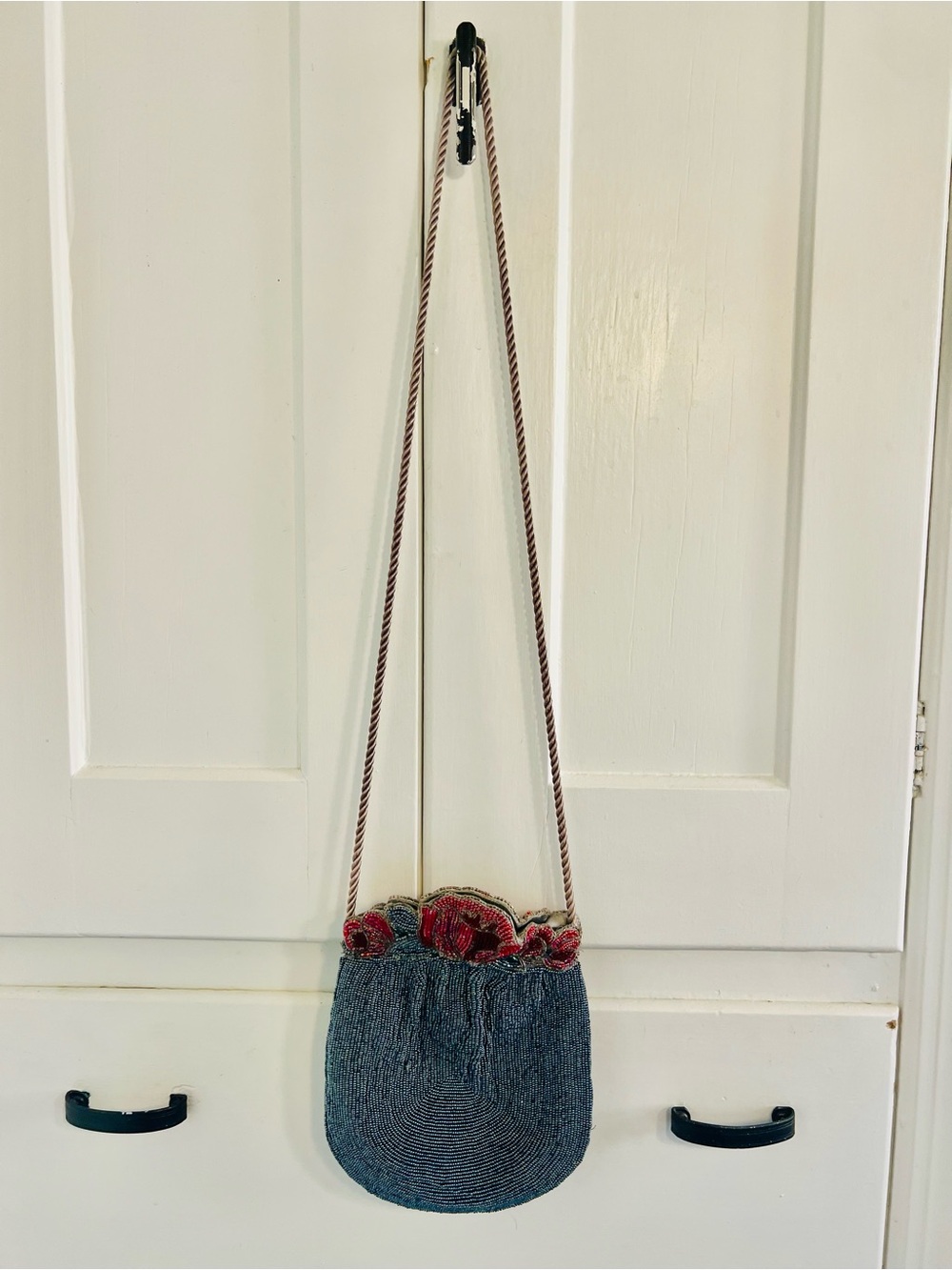 Vintage Beaded Floral Black Pink Red Seed Bead Evening Purse